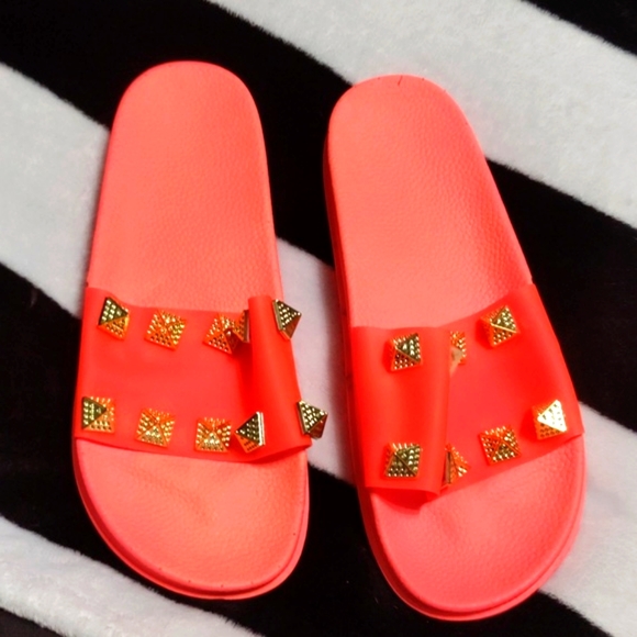 Neon Orange Studded Slides - Picture 3 of 7